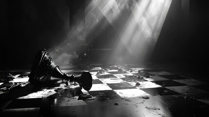 Poster - Fallen king chess piece on board, dark, light rays.