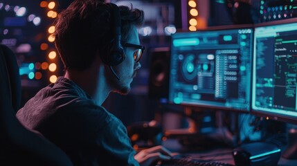 Poster - Specialist Focused on Voice over IP Technology in a High-Tech Communication Environment at Night
