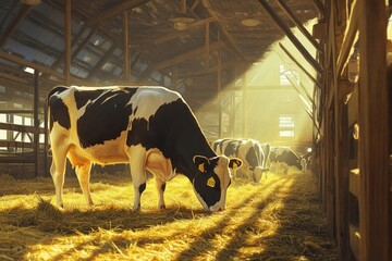Poster - Cow feeding on hay inside sunny barn with other cows.