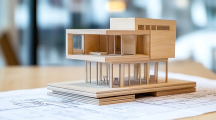 Aufkleber - Architectural model on blueprints with blurred background.