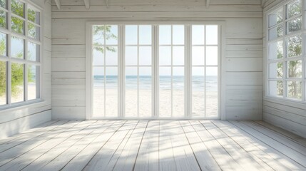 Poster - Bright beach view from wooden room with large windows.