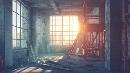 Poster - Sunlight streams into an old, unfinished building through tall windows.