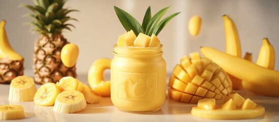 Sticker - Mango, pineapple, banana smoothie with sliced fruit.