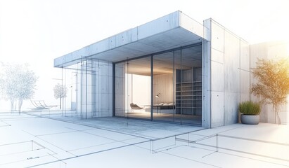 Poster - Modern concrete house design with blue sketch overlay.