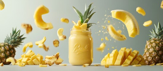 Poster - Yellow smoothie with flying fruit slices.