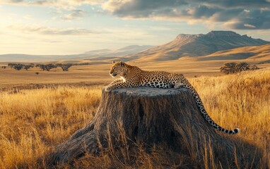 leopard rests on tree stump in savanna, distant mountains, sunset.