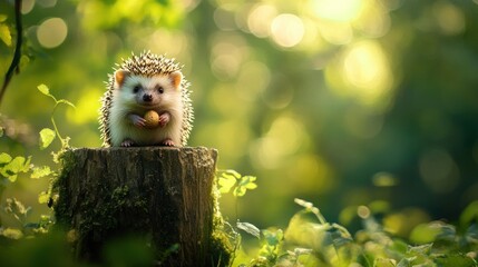 Poster - Cute hedgehog holds nut on stump in bokeh forest.