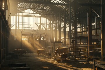 Poster - Sunlit barn interior with cattle feeding, rustic and calm.