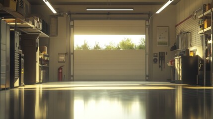 Poster - Garage door opens, sunlight streaming in.