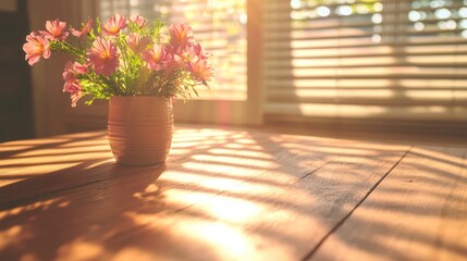 Poster - Sunlit flowers in a vase on wood table.