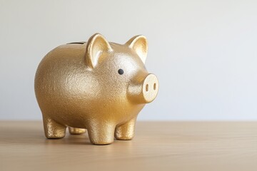 Poster - Golden piggy bank on wood table.