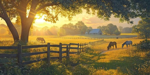 Poster - Golden sunset, horses grazing in pasture with fence and farm.