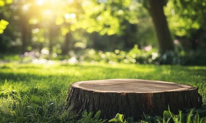 Poster - Tree stump on grassy field under bright sunlight.