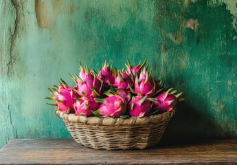 Poster - Dragon fruit basket on weathered table.