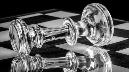 Poster - Fallen glass chess piece with reflection on chessboard.