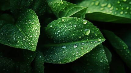 Leinwandbilder - Dew-covered green leaves closeup.