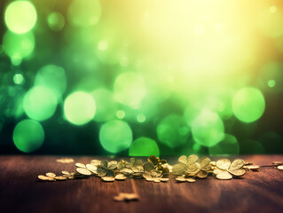 Wall Mural - green background with a bunch of gold clovers on it. the clovers are scattered all over the backgrou