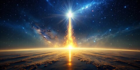 Wall Mural - celestial beam descending through a starry night sky towards a planet's horizon