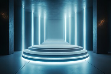 Poster - Glowing platform with neon blue lights in a concrete room.