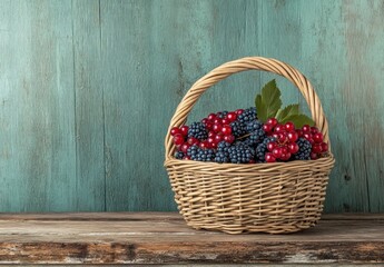 Sticker - Wicker basket filled with fresh berries on wooden surface.