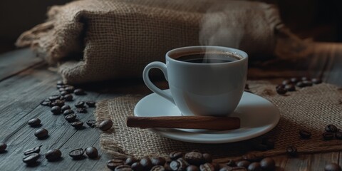 Aufkleber - Hot coffee in white cup, cinnamon, burlap, on wooden surface with beans.