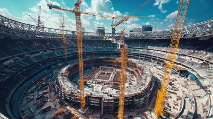 Aufkleber - Stadium construction with multiple cranes on construction site.