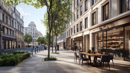 Poster - Sunny street view with shopfronts and outdoor dining.