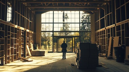 Poster - Builder stands in building under construction, facing exterior.