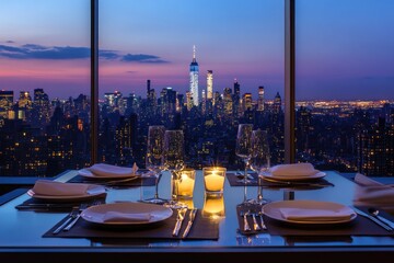 Poster - Dining table set with city skyline view at night.