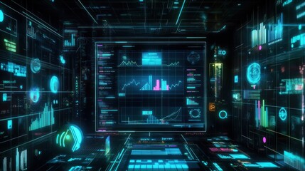Fototapete - Digital display showing graphs, data, and information.
