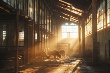 Poster - Sunlit cows feed in an old industrial barn.