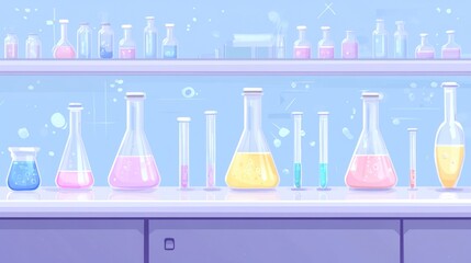 Poster - Assorted flasks, vials, and tubes with colorful liquids on a lab shelf.