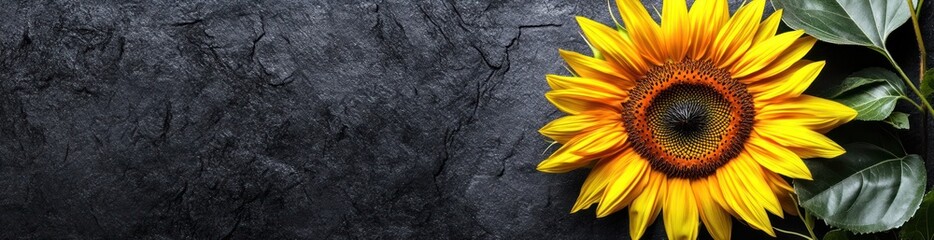 Aufkleber - Bright sunflower blooms against a dark stone surface with leaves.