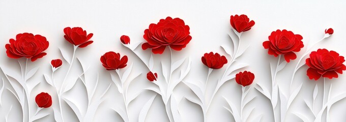 Poster - Red paper flower blooms on white, elegant, artistic design.