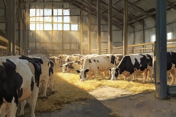 Poster - Cows eating hay inside a barn with sunlight shining through windows.