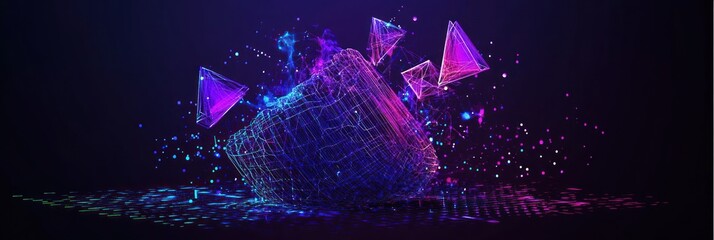 Aufkleber - Geometric shapes exploding with glow and particles in dark space.
