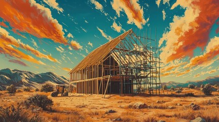 Poster - House framing under construction with orange cloudscape.