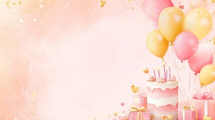 Poster - Pink birthday cake, balloons, gifts, gold hearts, watercolor background.