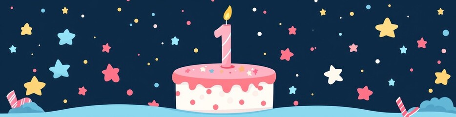 Poster - First birthday cake with star confetti.