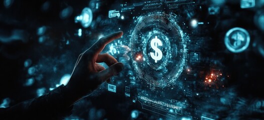 Poster - Hand touches digital money symbol on futuristic screen with glowing interfaces.