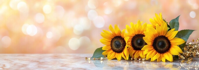 Aufkleber - Three sunflowers with golden beads on a marble table, bokeh background.