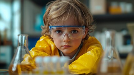 Poster - A young boy wearing a yellow lab coat and goggles