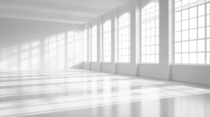 Poster - Bright room with tall arched windows, sunlight patterns on the floor.