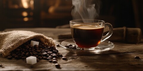Aufkleber - Steaming coffee in glass cup with beans, sugar cubes on rustic wood.