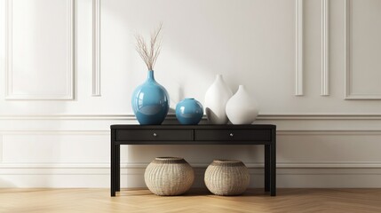 Aufkleber - Vases and woven baskets on table with white wall.