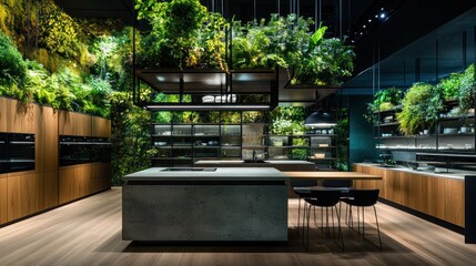 Poster - Modern kitchen with green wall and wood cabinetry.