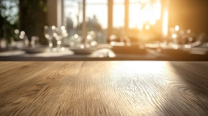 Poster - Sunny wooden table, blurred dining setup background.