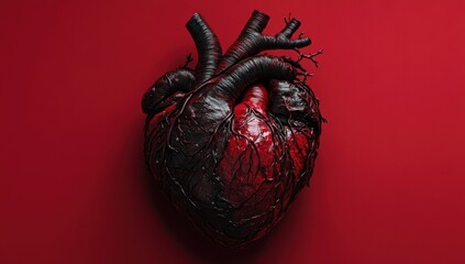 Poster - Black human heart on red background.