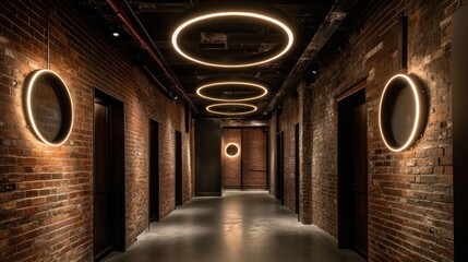 Poster - Brick hallway with circular lights.