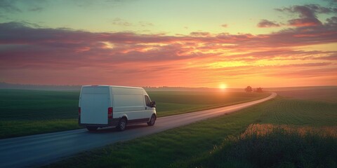 Aufkleber - White van travels road at sunset.